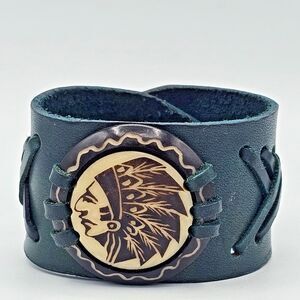 Indian Head Leather Cuff Bracelet Carved Tribal Biker Native American Western